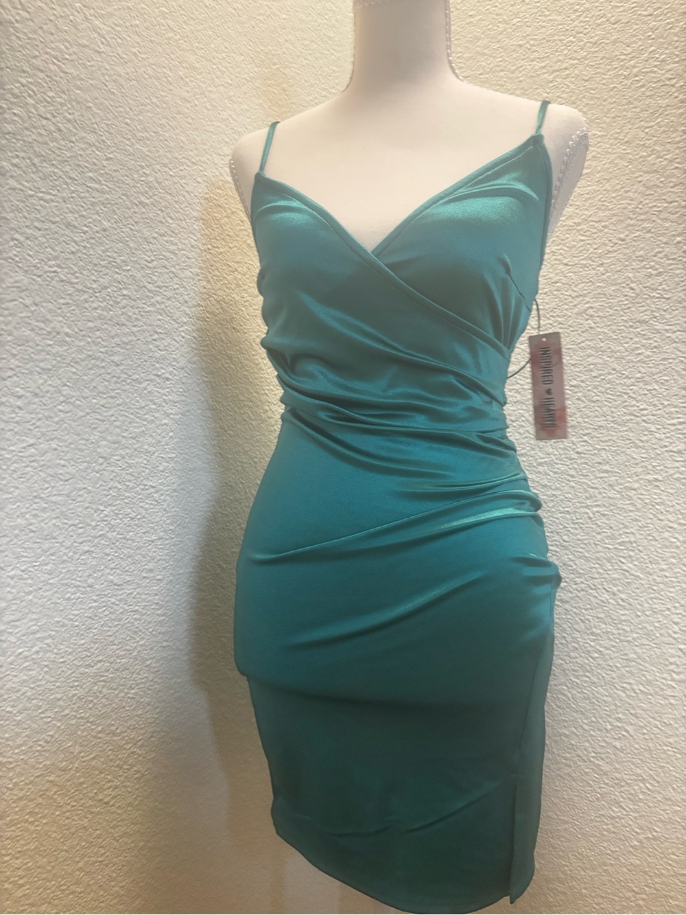 Satin Wrap-Front Teal Bodycon Dress